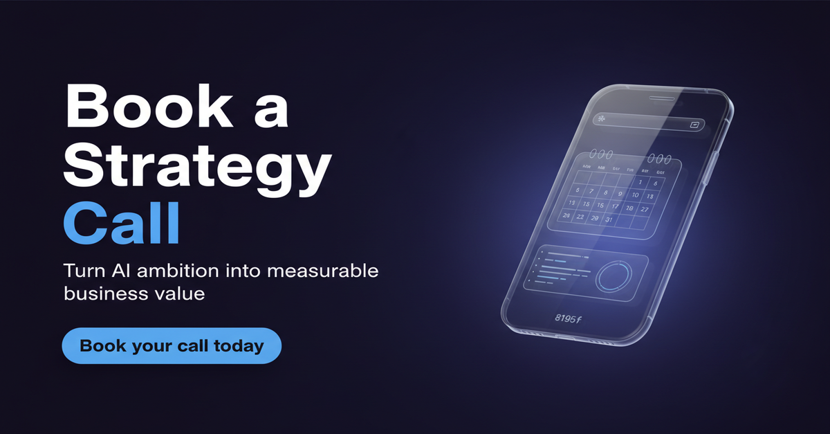 AI-generated featured card — Book a Strategy Call with 3D phone mockup