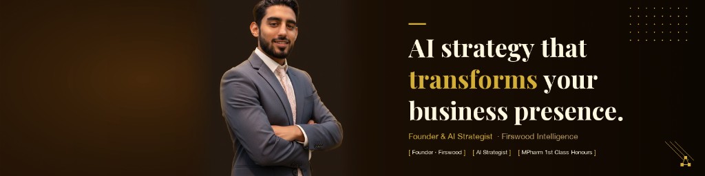Example warm prestige LinkedIn banner featuring AI strategy messaging and a founder portrait